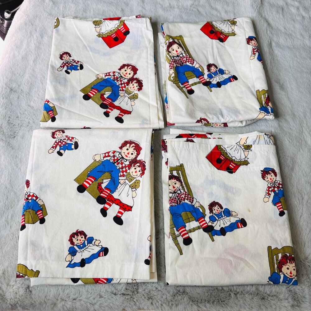 Vintage Raggedy Ann & Andy Curtain Panels Scrap Fabric 32x42 lot of 4‎